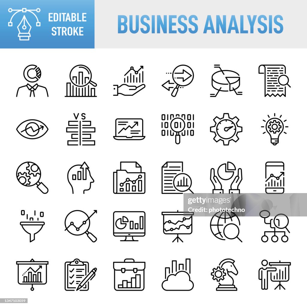 Análisis de negocios: conjunto de iconos vectoriales de línea delgada. Píxel perfecto. Trazo editable. Para Móvil y Web. El conjunto contiene iconos: Análisis, Datos, Big Data, Investigación, Examen, Gráfico, Diagrama, Experiencia, Planificación, A