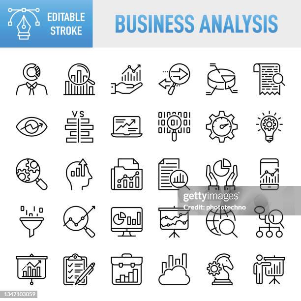 illustrazioni stock, clip art, cartoni animati e icone di tendenza di business analysis - set di icone vettoriali a linea sottile. pixel perfetto. tratto modificabile. per mobile e web. il set contiene icone: analisi, dati, big data, ricerca, esame, grafico, diagramma, competenza, pianificazione, consulenza - about company