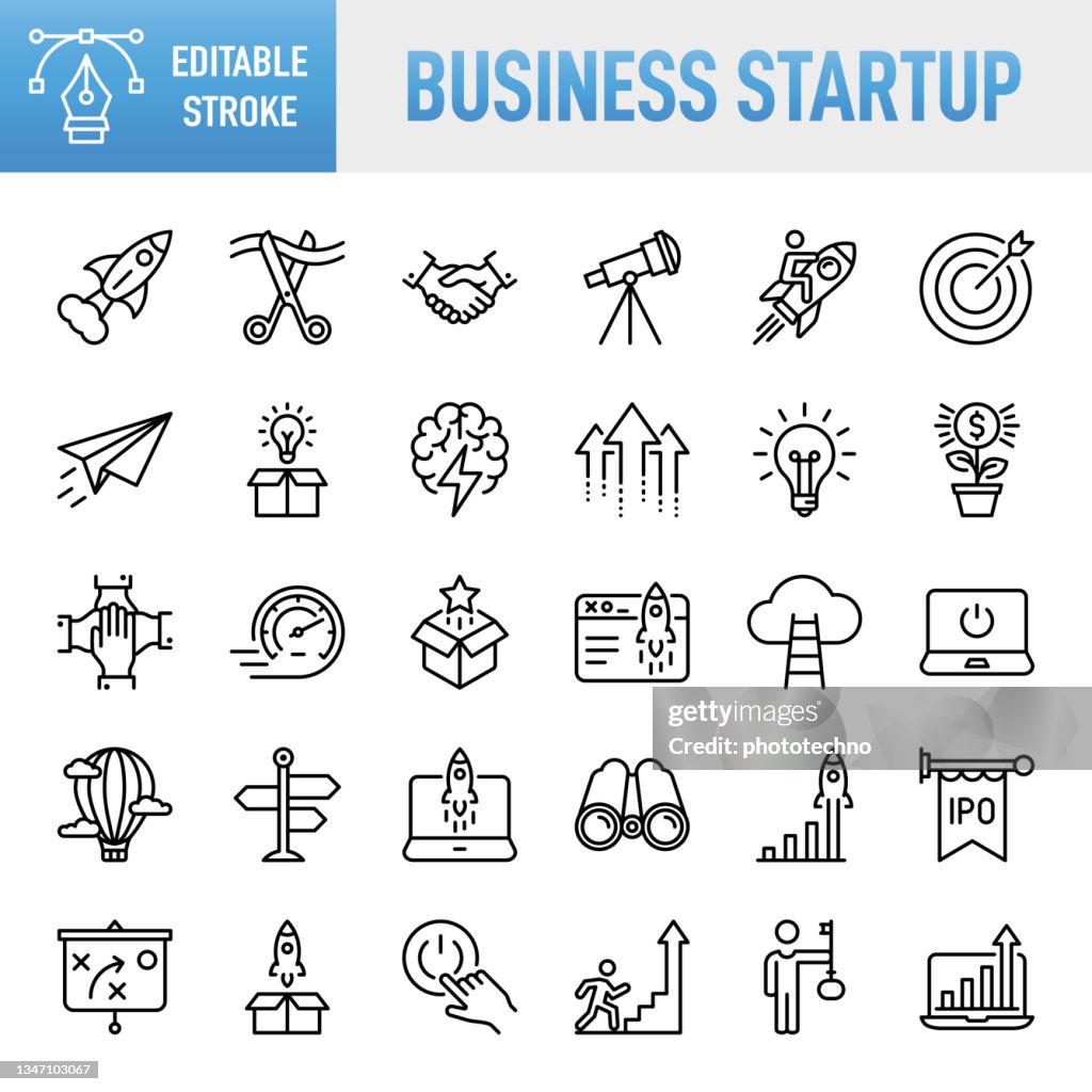 Business Startup - Dünne Linie Vektor-Symbol-Set. Pixel perfekt. Bearbeitbarer Kontur. Für Mobile und Web. Das Set enthält Symbole: Startup, Launch Event, Anfänge, New Business, Motivation, Rocket, Opening, Handshake, Finance, Making Money, Investment