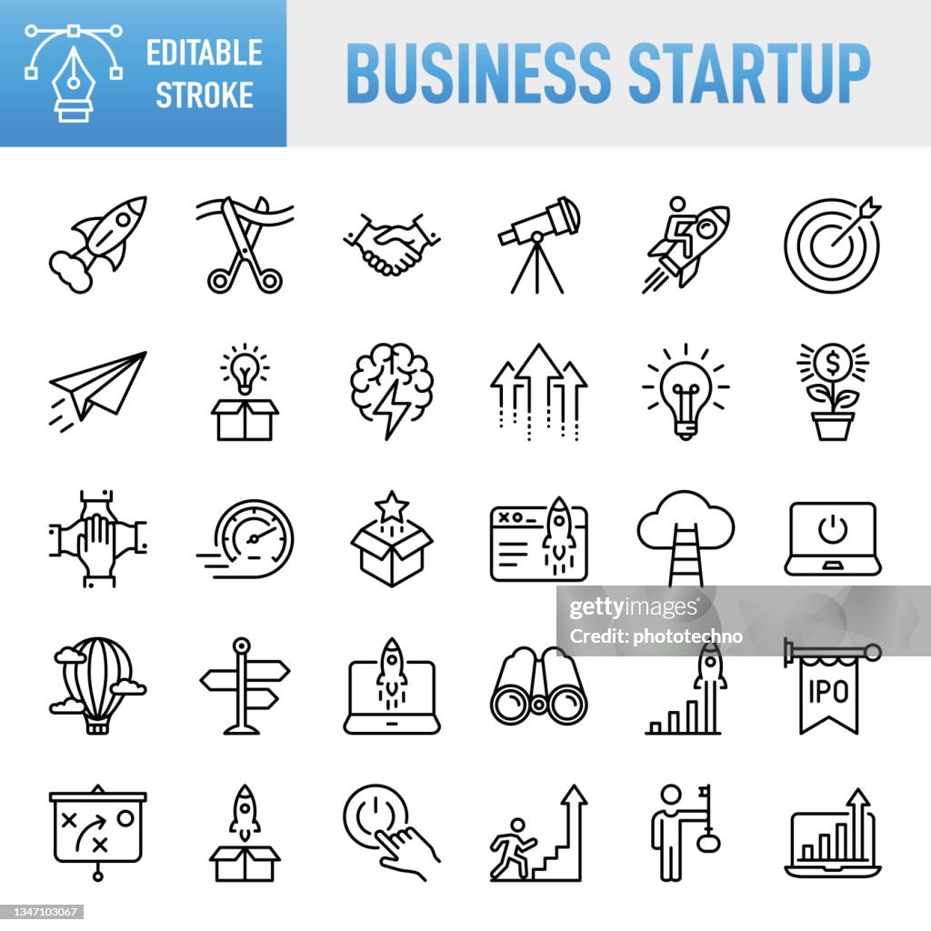 Business Startup - Thin line vector icon set. Pixel perfect. Editable stroke. For Mobile and Web. The set contains icons: Startup, Launch Event, Beginnings, New Business, Motivation, Rocket, Opening, Handshake, Finance, Making Money, Investment