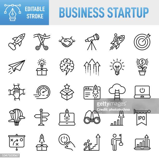 business startup - thin line vector icon set. pixel perfect. editable stroke. for mobile and web. the set contains icons: startup, launch event, beginnings, new business, motivation, rocket, opening, handshake, finance, making money, investment - solutions stock illustrations