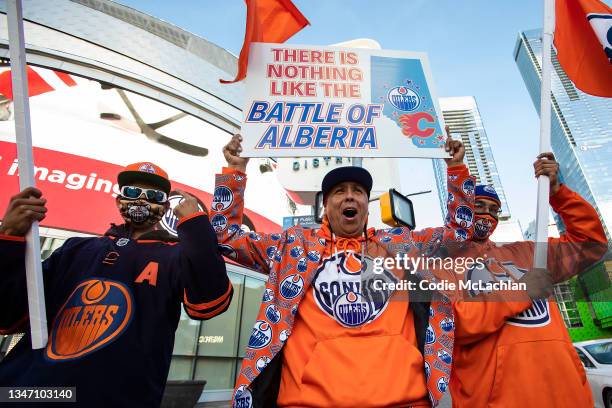 Hockey fans outside Rogers Place before the first regular season meeting between the Edmonton Oilers and the Calgary Flames during warmups at Rogers...