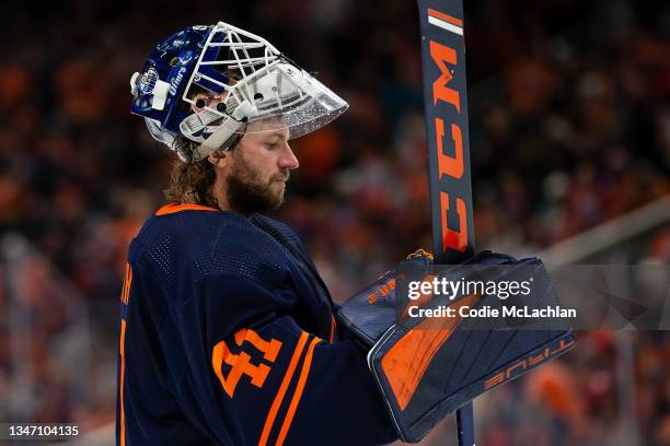 Goaltender Mike Smith of the Edmonton Oilers skates against the Calgary Flames during the first period at Rogers Place on October 16, 2021 in...