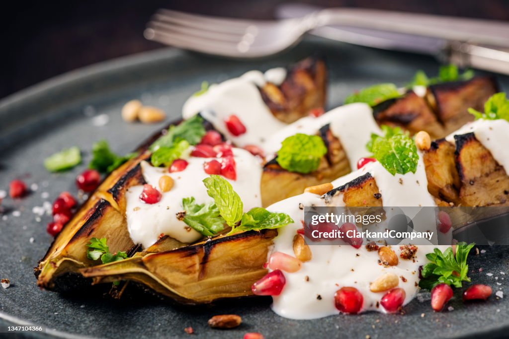 Roasted Aubergine with Pomegranate and Greek Yoghurt