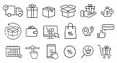 Click and collect order, vector line icons set, online order, delivery truck, delivery service steps, pick up order at pickup point, payment, rating icon, rating review, flat illustration