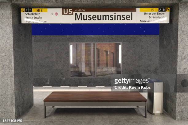 subway sign of the station "museumsinsel" (museum island) in berlin, germany. - subway bench bildbanksfoton och bilder