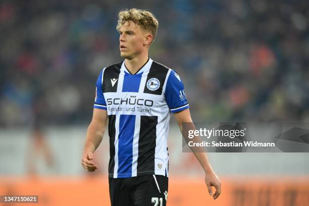 Robin Hack of DSC Arminia Bielefeld looks on during the Bundesliga match between FC Augsburg and DSC Arminia Bielefeld at WWK-Arena on October 17,...