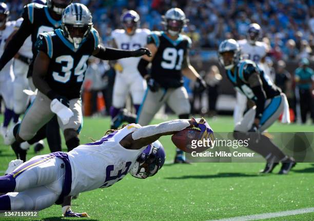 Dalvin Cook of the Minnesota Vikings scores a touchdown during the third quarter against the Carolina Panthers at Bank of America Stadium on October...