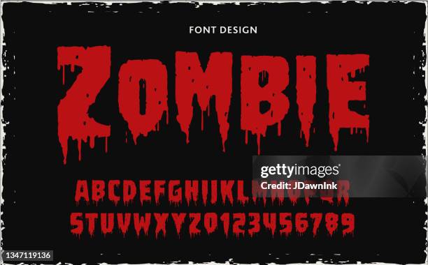 ilustraciones, imágenes clip art, dibujos animados e iconos de stock de el diseño del alfabeto de fuentes de película retro zombie incluye letras mayúsculas y números con fondo texturizado - terror