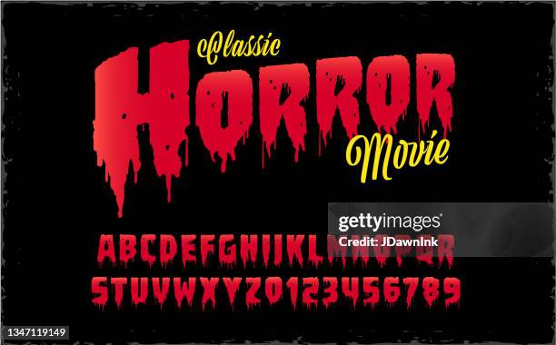 レトロクラシックホラー映画のフォントアルファベットのデザインは、テクスチャの背景を持つ血の大文字と数字を滴下含まれています - horror movie点のイラスト素材／クリップアート素材／マンガ素材／アイコン素材