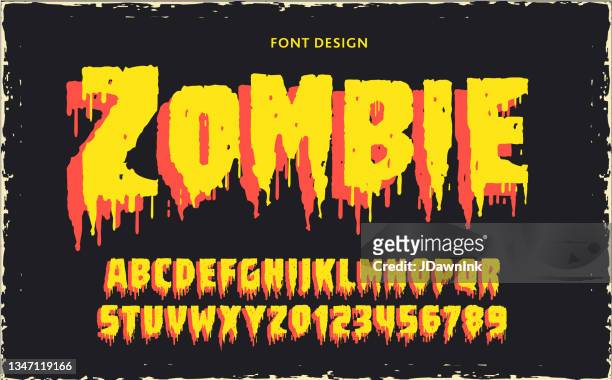 ilustraciones, imágenes clip art, dibujos animados e iconos de stock de el diseño del alfabeto de fuentes de película retro zombie incluye letras mayúsculas y números con fondo texturizado - scary monster