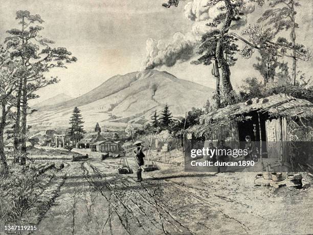 volcanic eruption from asamayama, mount asama, japan, 19th century - nagano japan stock illustrations