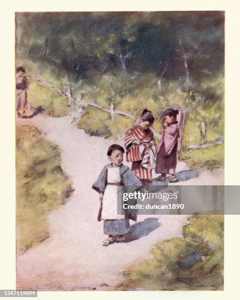 ilustrações de stock, clip art, desenhos animados e ícones de japanese child walking in park, in traditional costume, japan 19th century - asian family