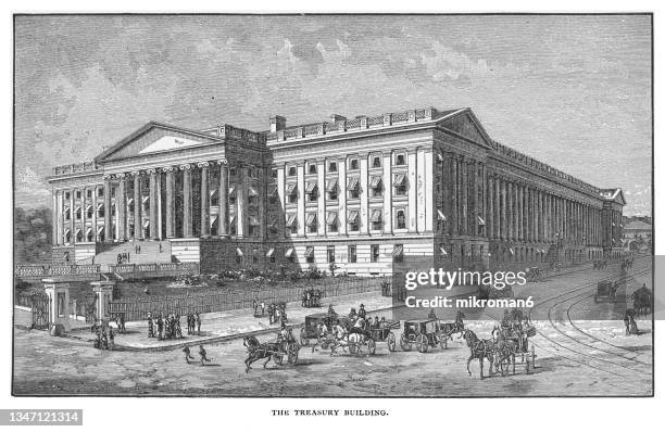 old engraved illustration of the treasury building, washington, united states - horsedrawn fotografías e imágenes de stock