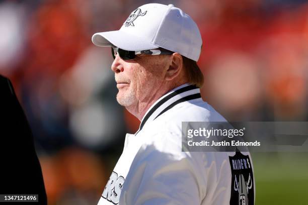 Owner Mark Davis of the Las Vegas Raiders looks on before the game against the Denver Broncos at Empower Field At Mile High on October 17, 2021 in...