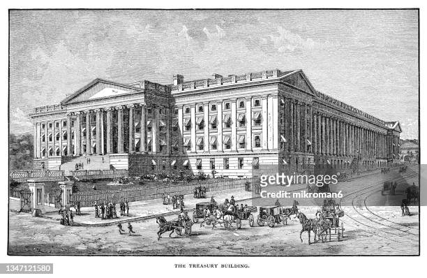 old engraved illustration of the treasury building, washington, united states - 米国財務省ビル ストックフォトと画像
