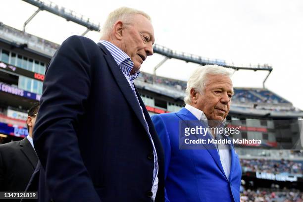 Dallas Cowboys owner Jerry Jones and New England Patriots owner Robert Kraft talk before their game at Gillette Stadium on October 17, 2021 in...