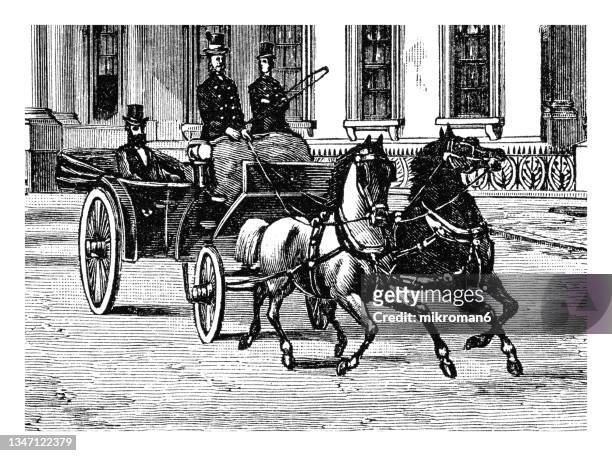 old engraved illustration of horse-drawn carriage - horse carriage stock-fotos und bilder