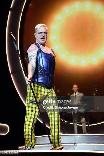 Singer Andy Bell and Vince Clarke of Erasure perform live on stage at The O2 Arena on October 17, 2021 in London, England.