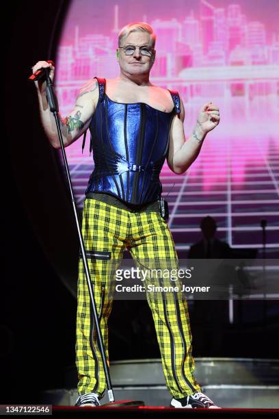 Singer Andy Bell of Erasure performs live on stage at The O2 Arena on October 17, 2021 in London, England.