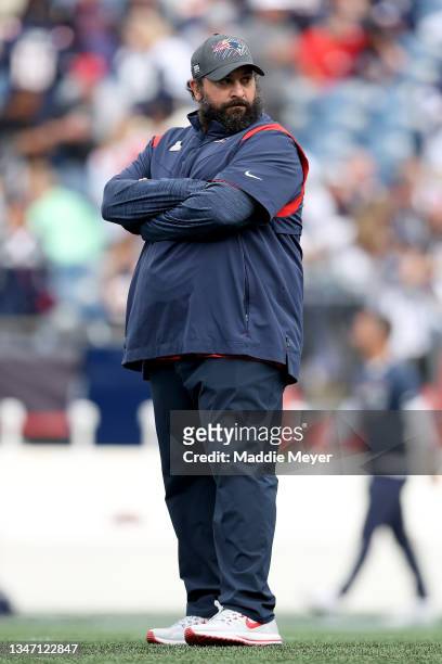 Senior football advisor Matt Patricia of the New England Patriots stands on the field before their game against the Dallas Cowboys at Gillette...