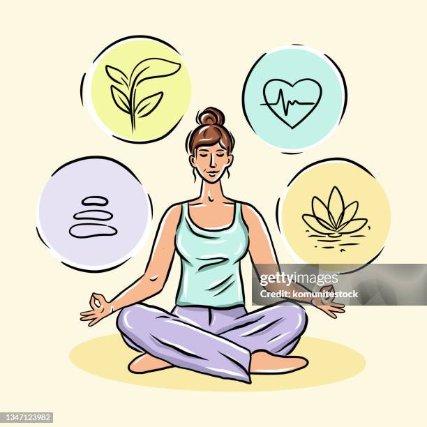 young girl doing meditation. hand drawn vector illustration - cartoon yoga poses stock illustrations