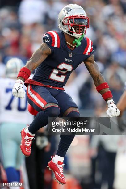 Jalen Mills of the New England Patriots celebrates after the Patriots stopped the Dallas Cowboys on fourth down in the first quarter at Gillette...