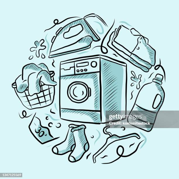 laundry related doodle style vector illustration - cleaning equipment stock illustrations