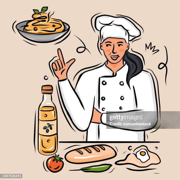 illustrations, cliparts, dessins animés et icônes de portrait jeune femme chef confiante, illustration vectorielle de style dessin animé - cuisinière