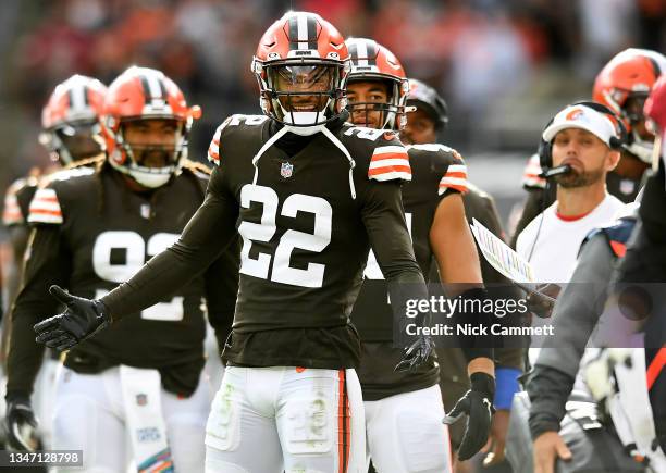 Grant Delpit of the Cleveland Browns reacts after a defensive penalty during the second quarter against the Arizona Cardinals at FirstEnergy Stadium...