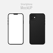 Realistic dark grey Smartphone mockup. Phone blank screen in Front and back view on gray background. Vector EPS 10