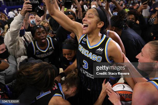 Candace Parker of the Chicago Sky celebrates after defeating the Phoenix Mercury 80-74 in Game Four of the WNBA Finals to win the championship at...