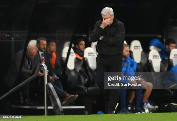 Newcastle manager Steve Bruce reacts on the touchline during the Premier League match between Newcastle United and Tottenham Hotspur at St. James...