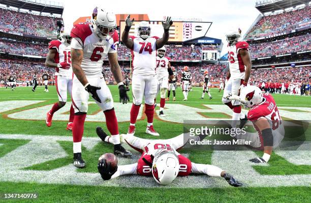 DeAndre Hopkins of the Arizona Cardinals celebrates a touchdown with teammates during the third quarter against the Cleveland Browns at FirstEnergy...