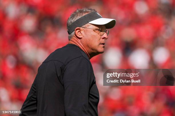 Head coach Gus Malzahn of the UCF Knights looks on in the first quarter against the Cincinnati Bearcats at Nippert Stadium on October 16, 2021 in...