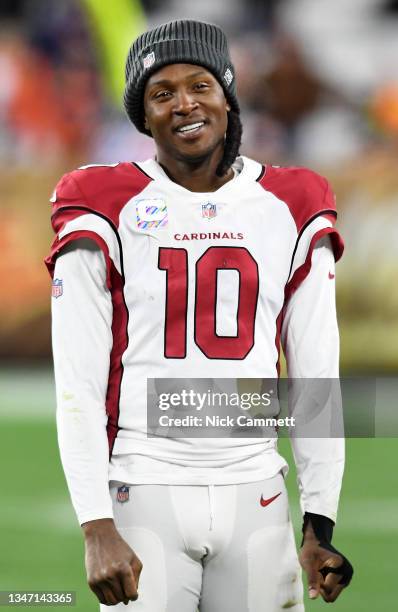 DeAndre Hopkins of the Arizona Cardinals reacts after a 37-14 win against the Cleveland Browns at FirstEnergy Stadium on October 17, 2021 in...