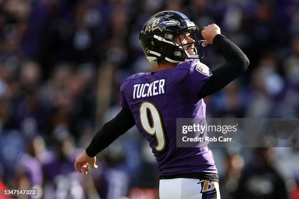 Kicker Justin Tucker of the Baltimore Ravens follows his second half field goal against the Los Angeles Chargers at M&T Bank Stadium on October 17,...