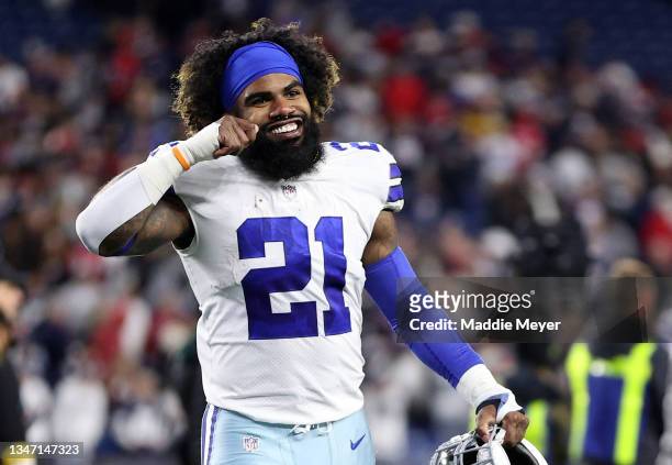 Ezekiel Elliott of the Dallas Cowboys reacts after defeating the New England Patriots at Gillette Stadium on October 17, 2021 in Foxborough,...
