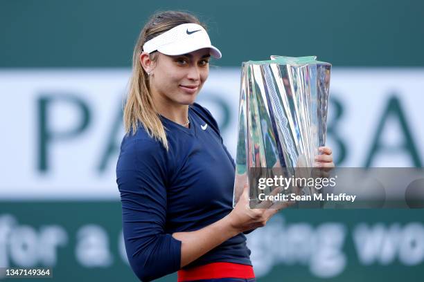 Paula Badosa of Spain holds the trophy after defeating Victoria Azarenka in the Women's Singles Final match on Day 14 of the BNP Paribas Open on...