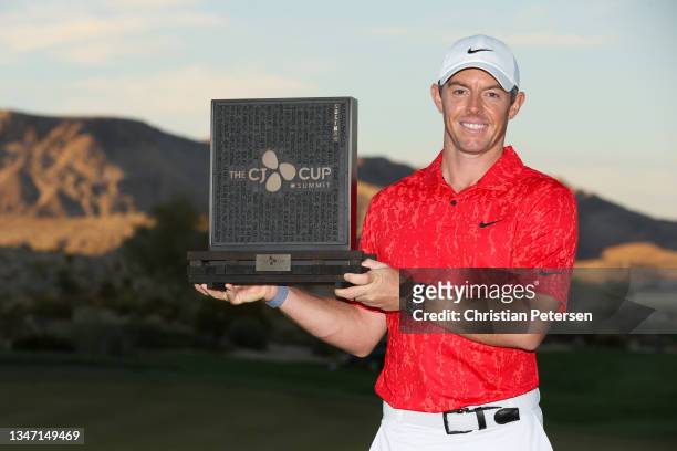 Rory McIlroy of Northern Ireland celebrates with the trophy after winning during the final round of THE CJ CUP @ SUMMIT at The Summit Club on October...