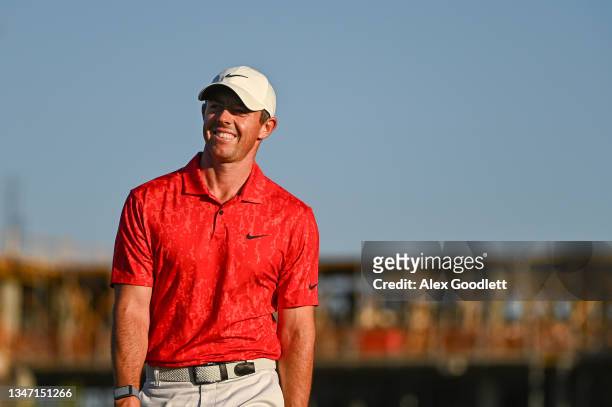 Rory McIlroy of Northern Ireland celebrates winning on the 18th green during the final round of THE CJ CUP @ SUMMIT at The Summit Club on October 17,...
