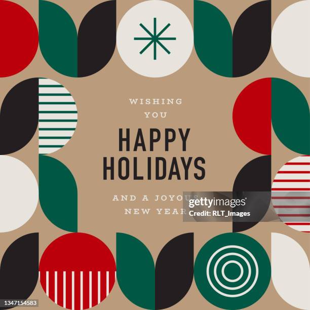 happy holidays design template with abstract geometric mid-century modern graphics - black craft paper stock illustrations