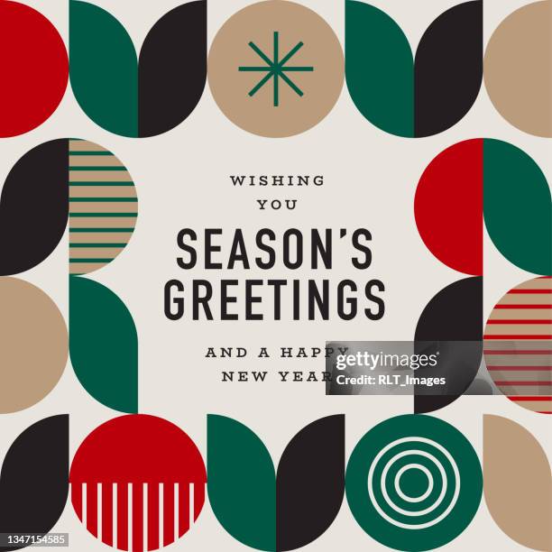 season's greetings design template with abstract geometric mid-century modern graphics - season greetings stock illustrations