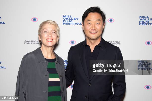 Actress Kelly Coffield Park and actor Steve Park arrive at the closing night premiere of 'The French Dispatch' at The Outdoor Art Club on October 17,...