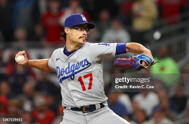 Joe Kelly of the Los Angeles Dodgers pitches against the Atlanta Braves in the sixth inning of Game Two of the National League Championship Series at...