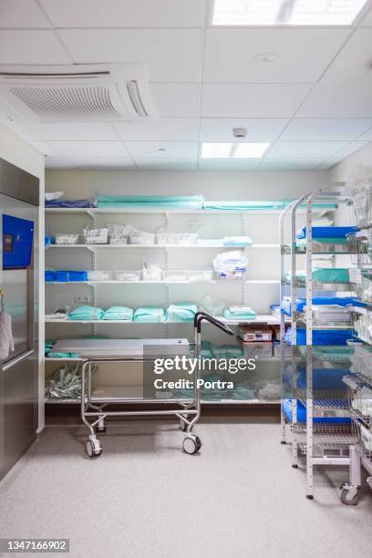 medical supplies in storage room at hospital - workplace hygiene stock pictures, royalty-free photos & images