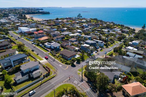 aerial view of a neighbourhood in new zealand - auckland aerial stock pictures, royalty-free photos & images