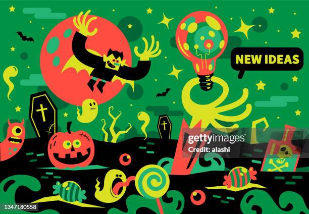stockillustraties, clipart, cartoons en iconen met spooky hand coming out of the grave and holding an idea light bulb, the vampire and ghost flying in the dark sky - very scary monsters