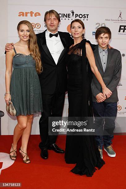 Viola Mikkelsen , actor Mads Mikkelsen with wife Hanne Jacobsen and son Carl Mikkelsen arrive for the 24th European Film Awards 2011 at Tempodrom on...