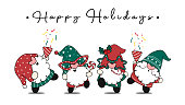 Group of four happy cute Christmas gnomes in party theme, Happy Holidays, cartoon hand drawn doodle flat vector